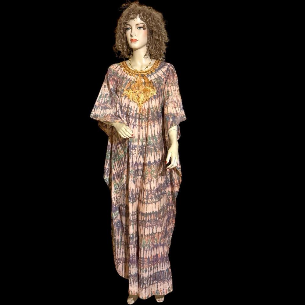 Vintage Ikat Embroidered Maxi Caftan MuuMuu Lounge Dress Sz M-XL
